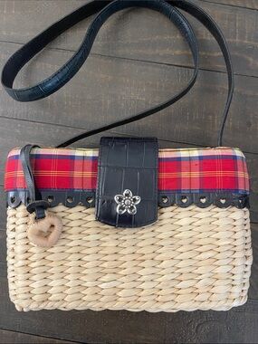 Brighton Woven Straw Crossbody Bag with Red Plaid Trim and Black Leather